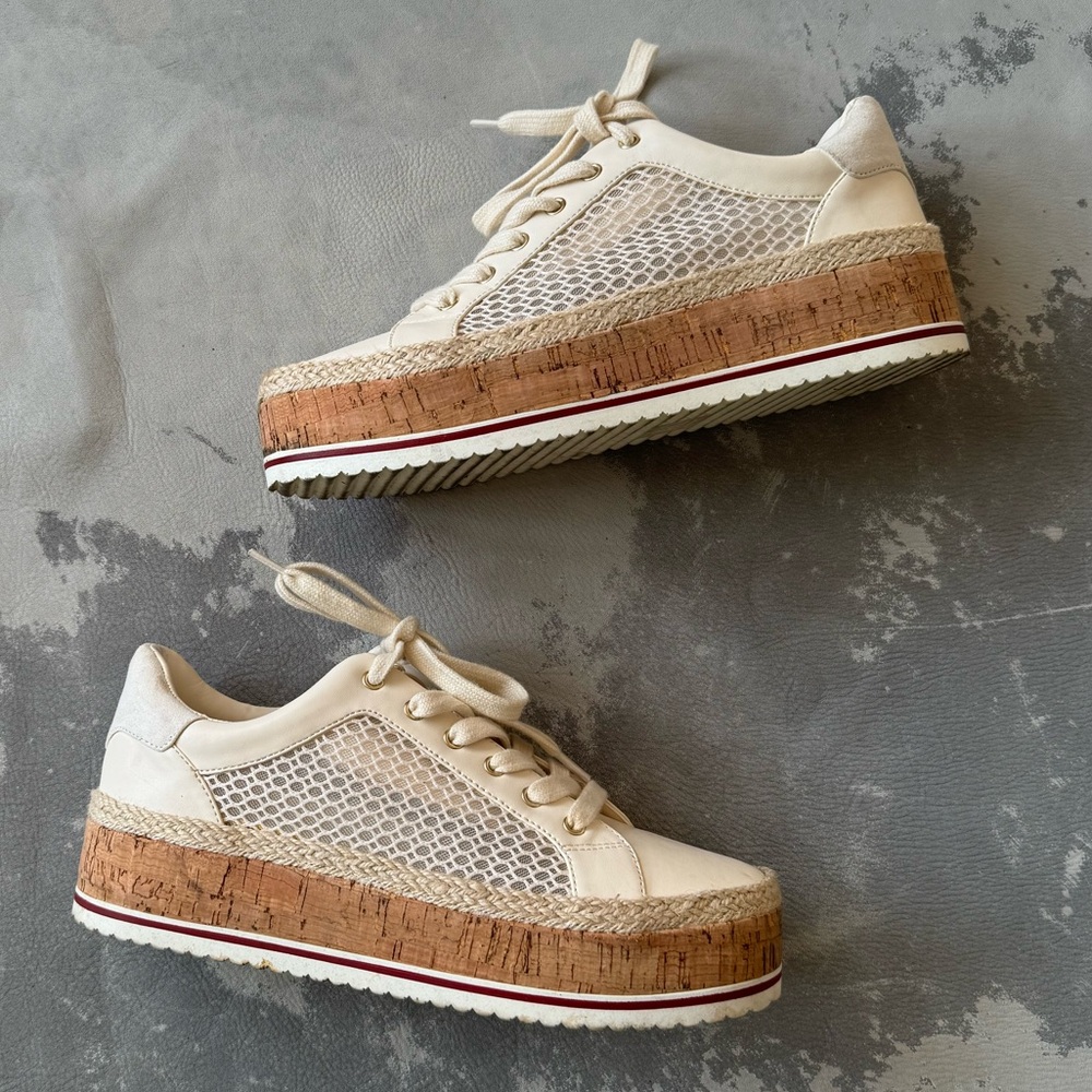 JLO ivory white sneakers mesh net cork flatform platform sz 7